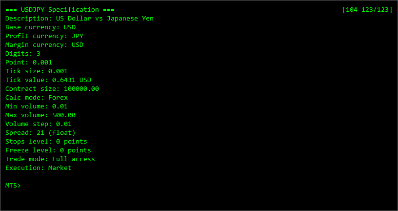 MT5 Console showing the result of the 'spec' command execution