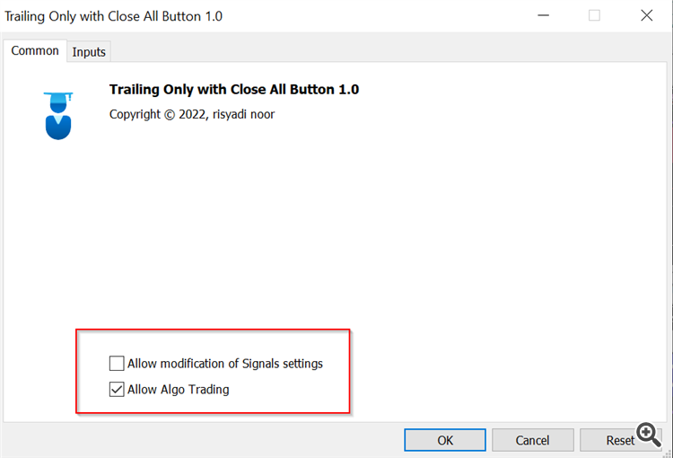 Trailing with Close Button - expert for MetaTrader 5
