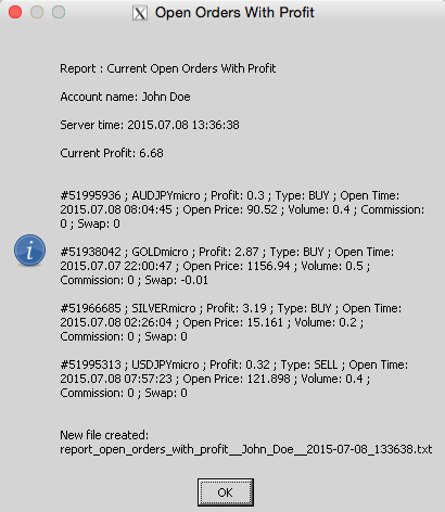 Check Current Open Orders With Profit - script for MetaTrader 4