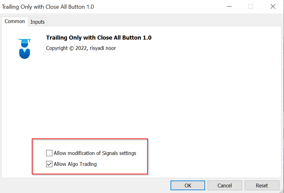Trailing with Close Button - expert for MetaTrader 5