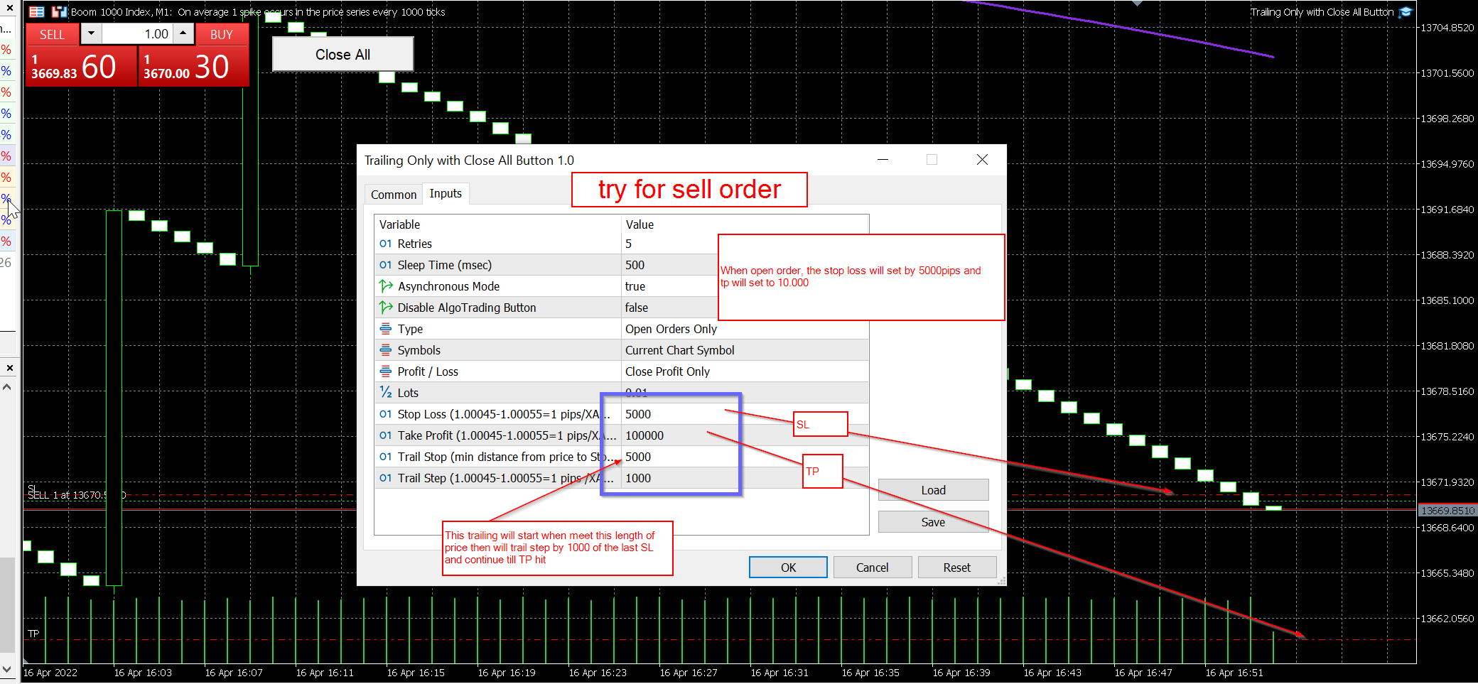 Trailing with Close Button - expert for MetaTrader 5