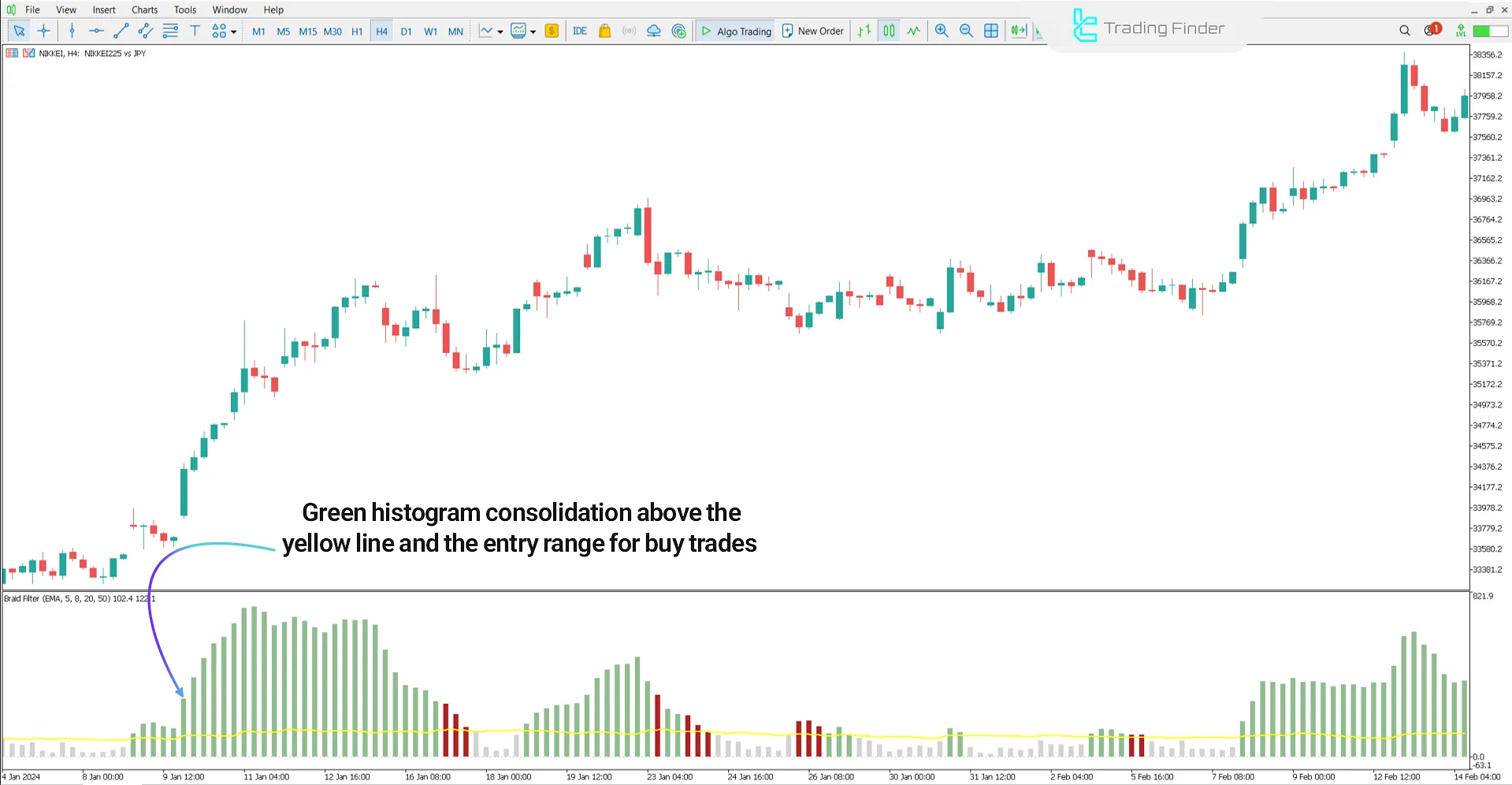 Uptrend in the Braid Filter indicator analysis