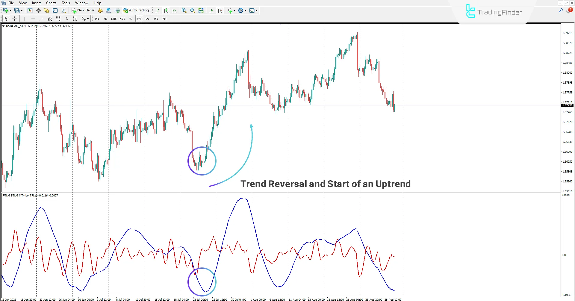 Detecting the end of a bearish correction in the FTLM STLM Indicator