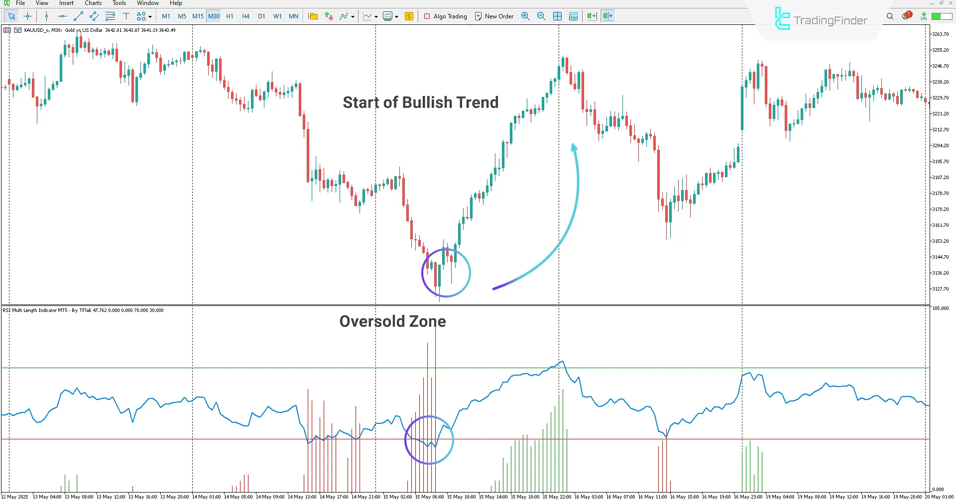 Overbought area in the RSI Adaptive Length Indicator