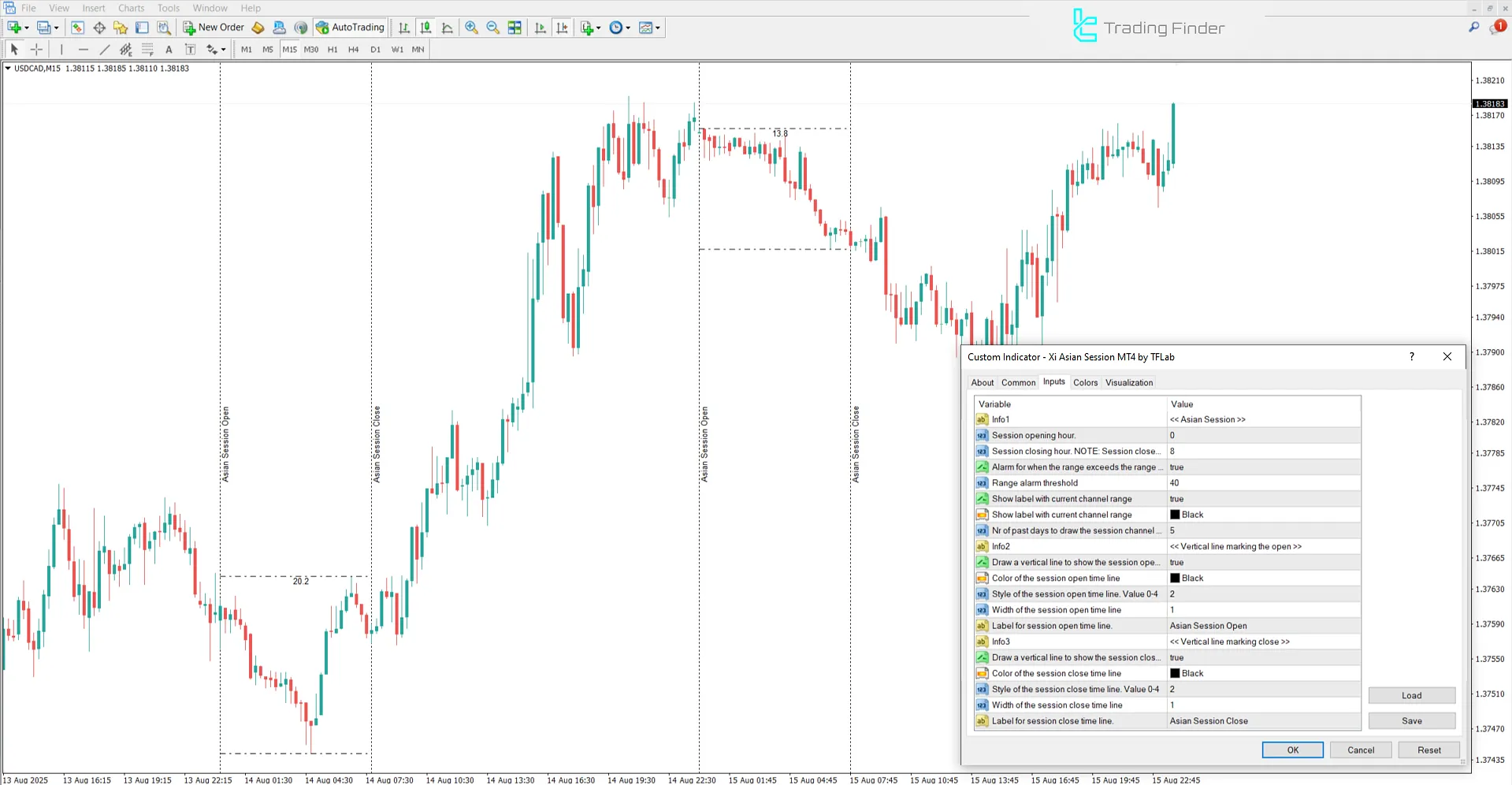 Xi Asian Session Indicator settings window